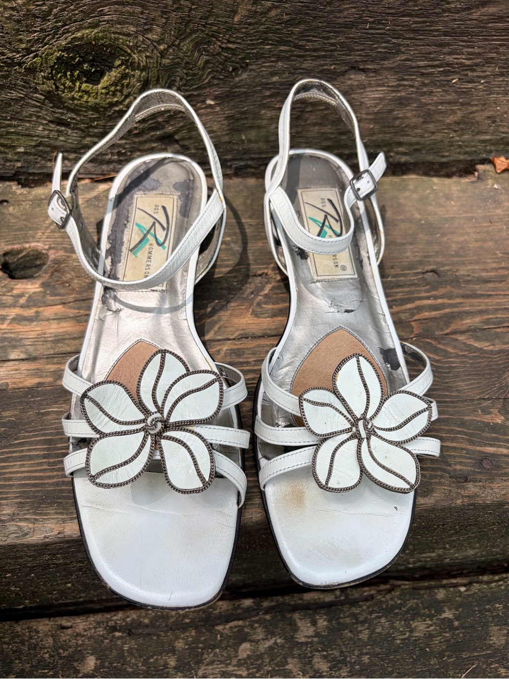 Ros Hommerson Silver Slingback Sandals with White Floral Accent